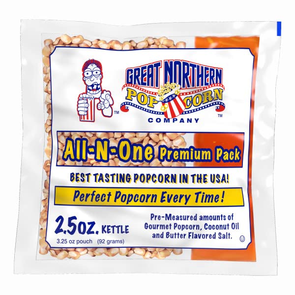 Movie Theater Style 40-Count Popcorn Packs - Pre-Measured 8-Ounce All-in-One Kernel, Salt, Oil Packets for Popping Machines by Great Northern Popcorn | All-in-One Pre-Measured Kernels, Butter Flavored Salt, and Coconut Oil Packets for 8oz Kettle - Movie…