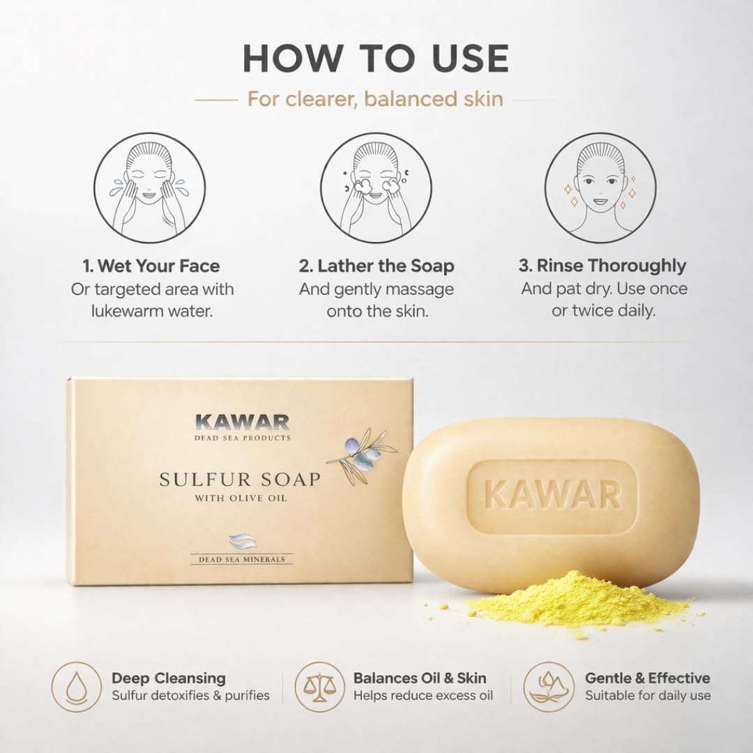 KAWAR Premium Dead Sea Sulfur Soap with Olive Oil, Face & Body Bar, 1-Pack | No Fragrance, No Artificial Colorants, Authentic Dead Sea - Vegan Formula Enriched with Argan & Jojoba Oil, Men & Women