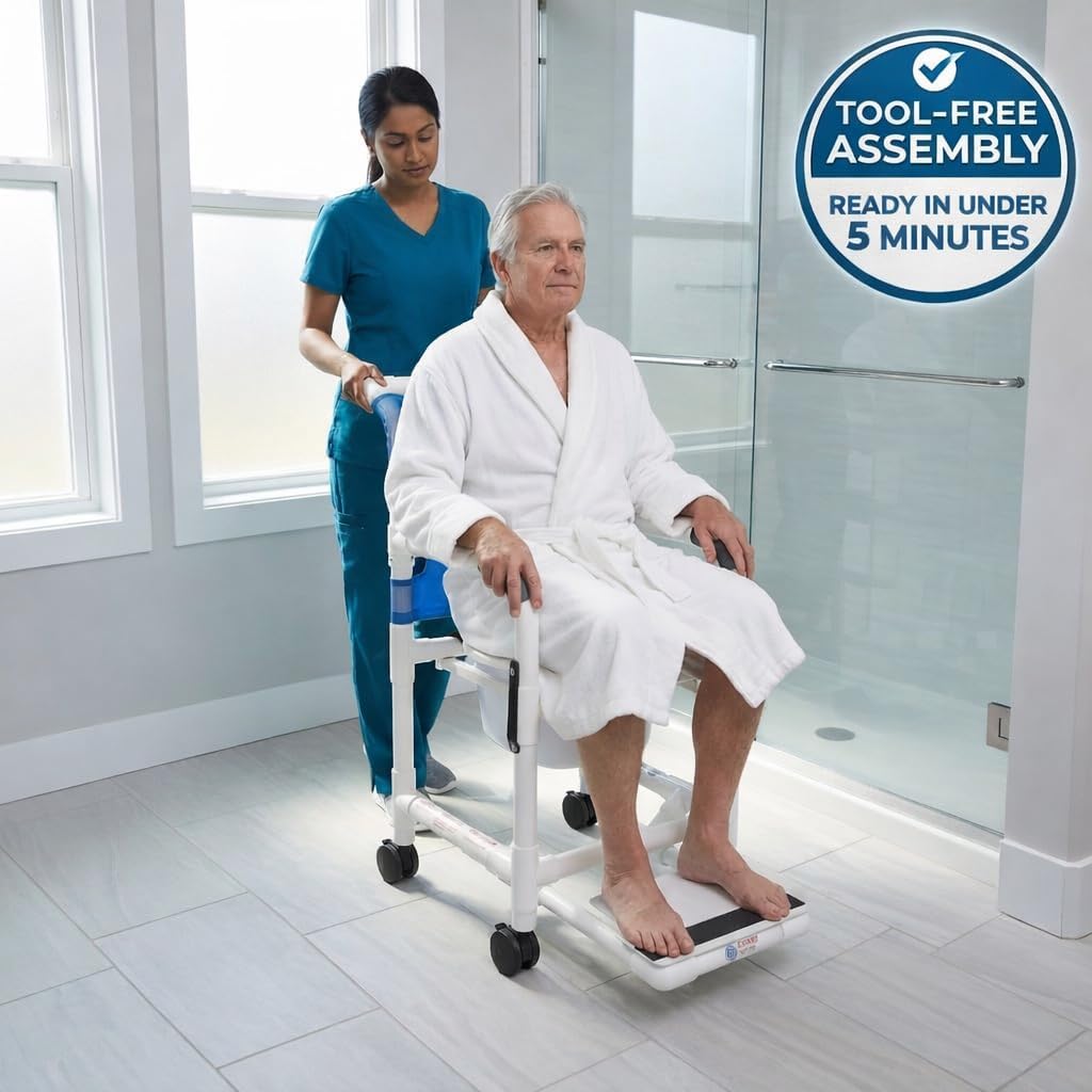 Rolling Shower Chair with Wheels & Drop Arms, Mesh Seat, 4 Locking Casters, Seat Belt, Sliding Footrest, Commode Pail – Fits Over Toilet
