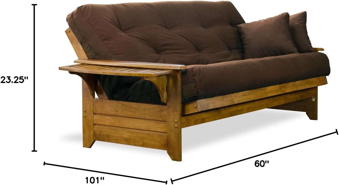 Brentwood Tray Arm Futon Sofabed Set - Queen Frame, 8" Microfiber Fudge Mattress, Heritage Finish