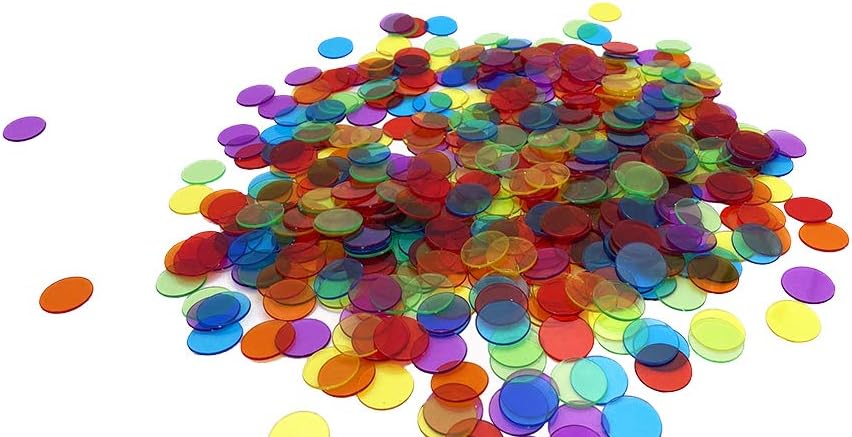 JUNWRROW 500 PCS 3/4 inch Transparent 6 Color Bingo Counting Chips with Bag