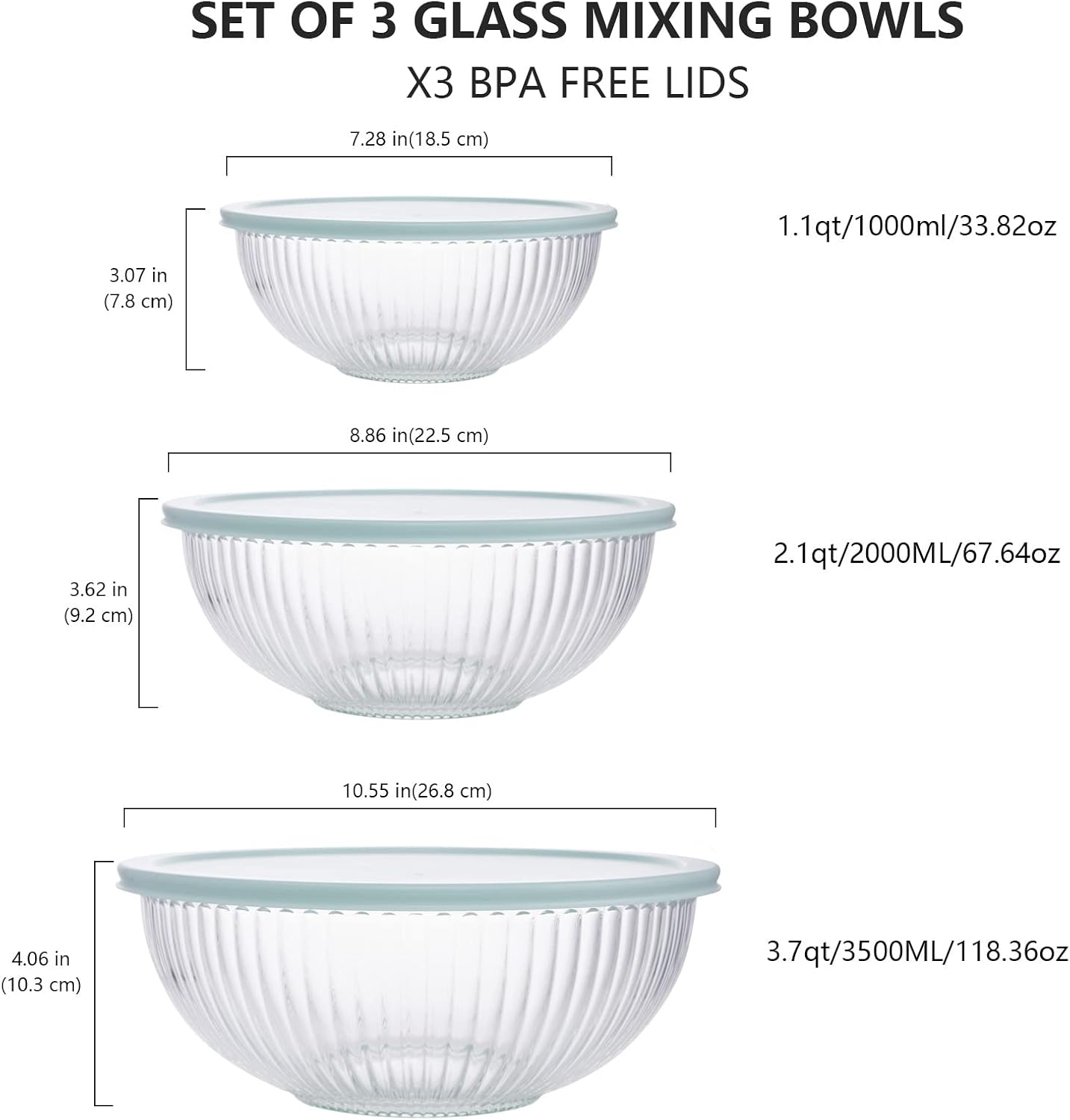 Luvan Glass Mixing Bowls with Lids Set(4.5QT, 2.7QT, 1.1QT)-Large Glass Mixing Bowls, Clear Salad Bowl for Baking, Cooking, Serving, Food Prep, 3PC Nesting Bowls for Kitchen Storage & Dishwasher Safe