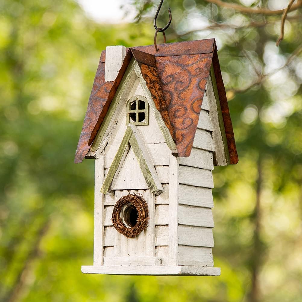 Glitzhome 12" H Green Hanging Distressed Solid Wood Garden Bird House Decorative Birdhouse