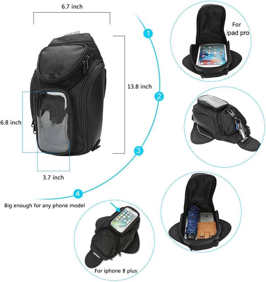 Motorcycle Tank Bag, Water Resistant with Super Strong Magnetic Gas Oil Fuel Tank Bag Black bigger Window for Honda Yamaha Suzuki Kawasaki Harley