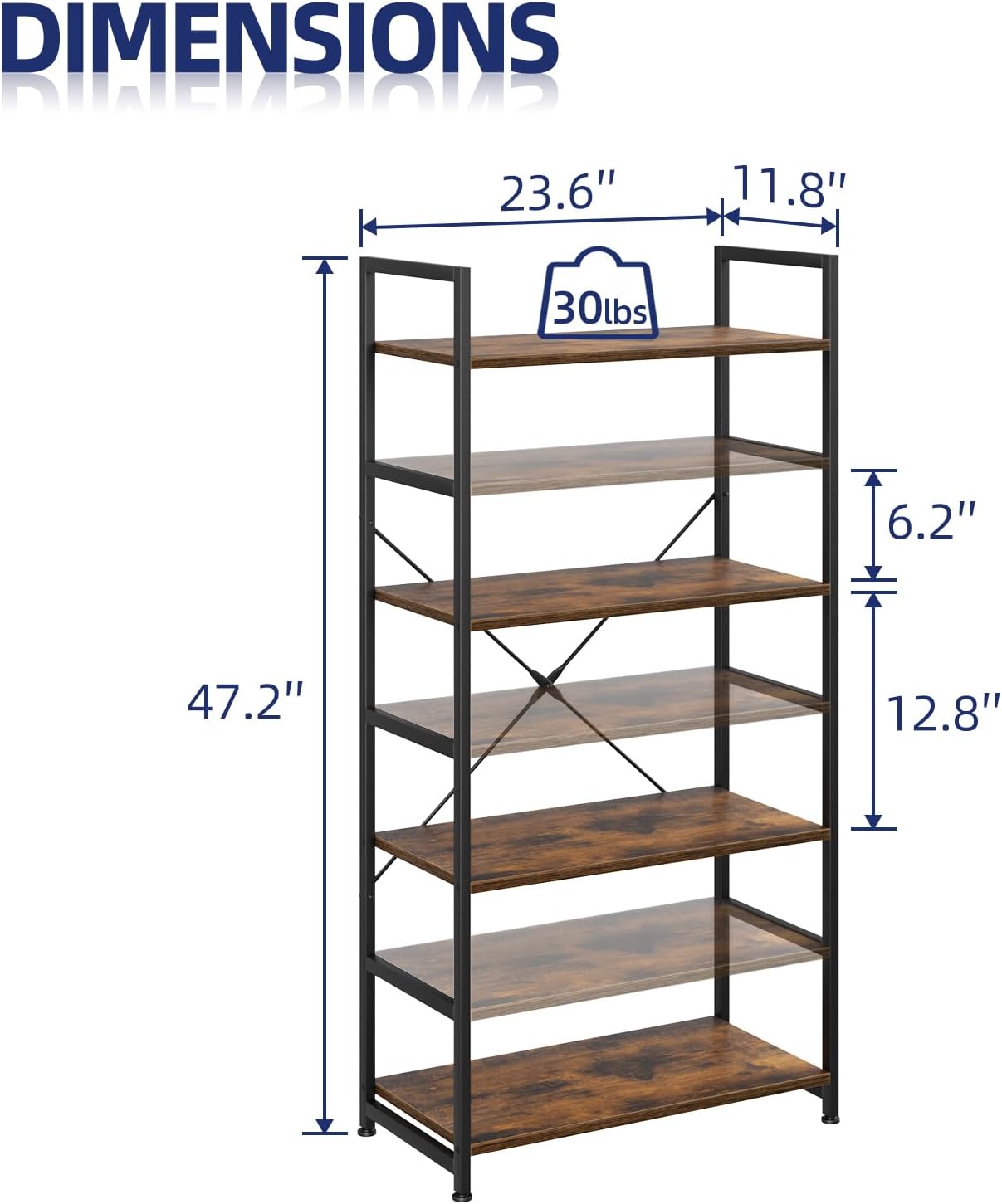 NUMENN 5 Tier Bookshelf, Tall Freestanding Open Storage Bookcase, Vintage