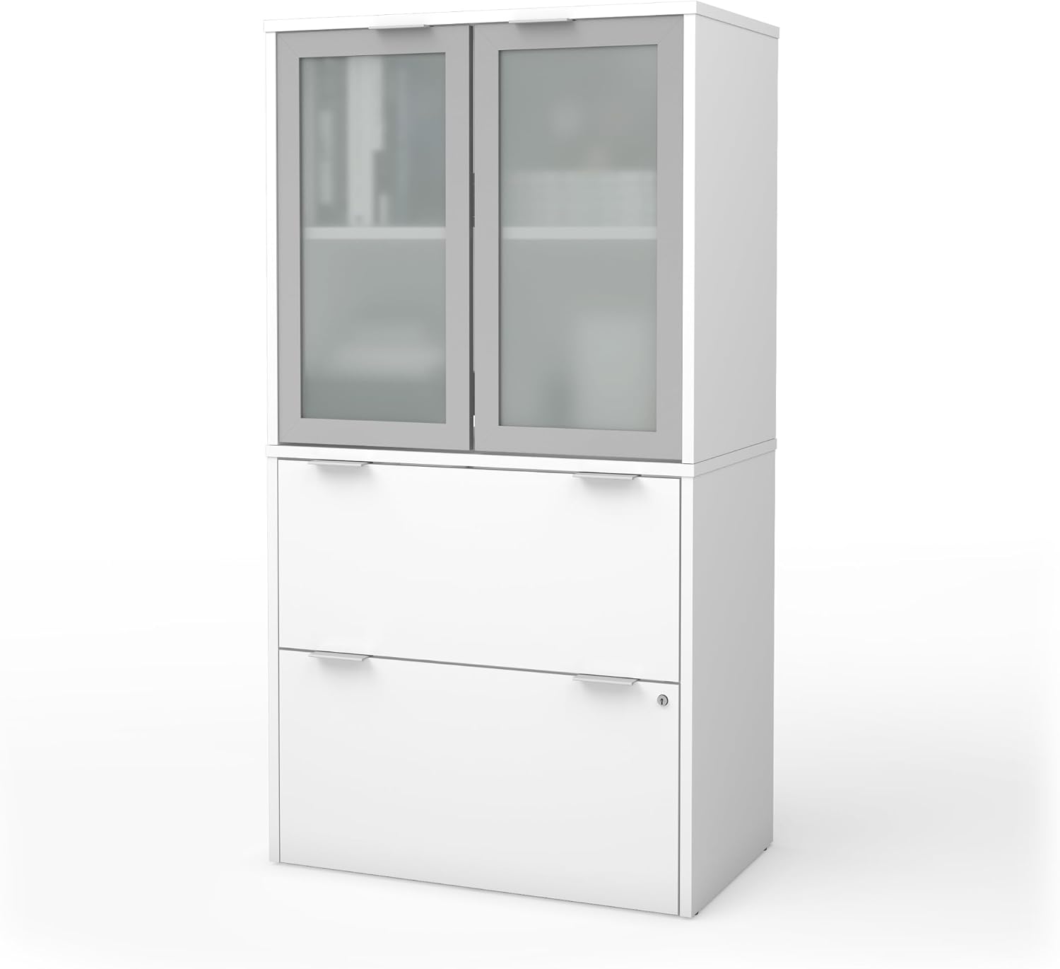 Bestar i3 Plus 31W Lateral File Cabinet with Frosted Glass Doors Hutch in White | With Frosted Glass Doors Hutch, ball-bearing drawer slides
