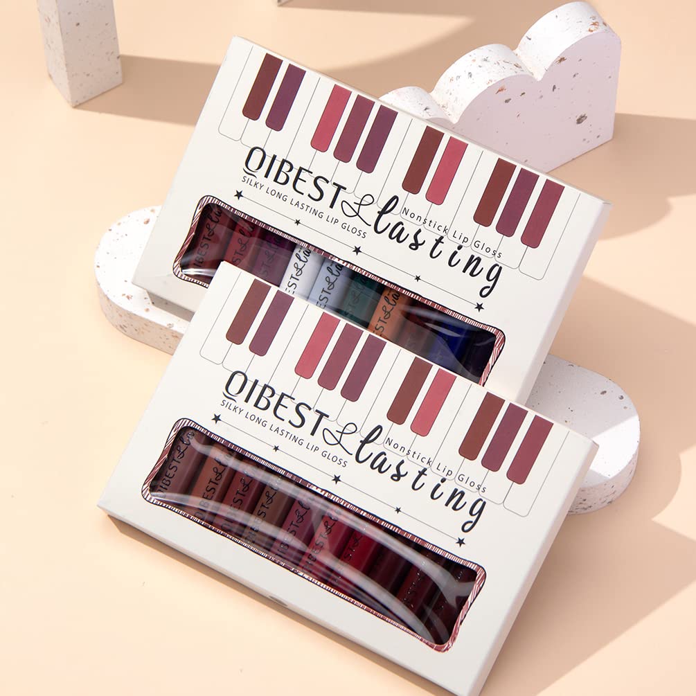 QiBest 7Pcs Matte Liquid Lipstick + 1Pcs Lip Plumper Makeup Set Kit, Pigmented Long Lasting Lip Gloss Set