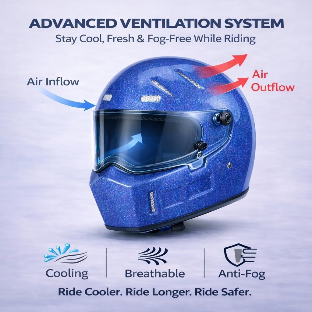 CRG Sports Retro Full Face Motorcycle Helmet, DOT Approved Fiberglass Street Bike Helmet with Clear Visor, Lightweight Cafe Racer Cruiser Motorcycle Helmet