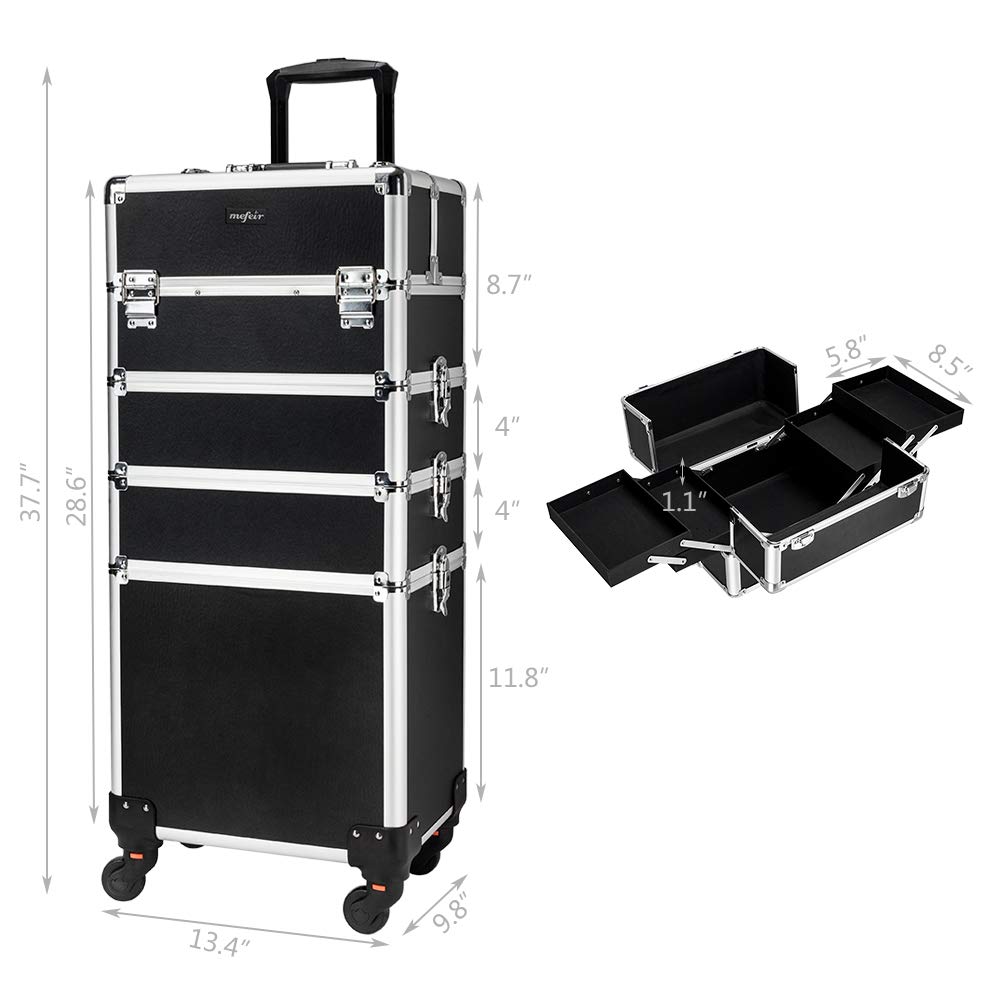 mefeir 4 in 1 Rolling Makeup Train Case, Aluminum Makeup Travel Organizer Cosmetic Case, Cosmetology Display Suitcase on Wheels, Beauty Storage Luggage Lockable w/4 Removable Wheels (Black)