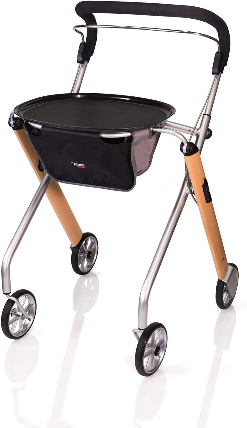Stander Let’s Go Indoor Rollator, Lightweight Four Wheel Euro Style Walker with Tray, Folding Mobility Aid for Seniors by Trust Care, Silver