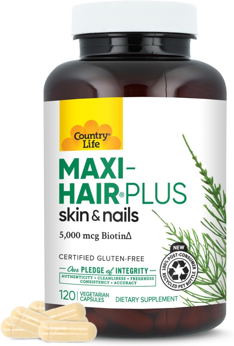 Country Life Maxi-Hair Plus 5,000 mcg Biotin, 120 Capsules | 1,200 mg Maxi Blend with MSM, L-methionine, L-cysteine and horsetail extract; 30 servings