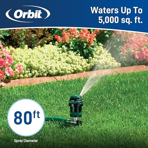 Orbit H2O-Six Gear-Drive Sprinkler on Metal T-Spike - Customizable Lawn Watering Coverage - Multi-Pattern Rotating Head with Adjustable Spray Range - Durable Outdoor Yard Irrigation Sprinkler - 58573