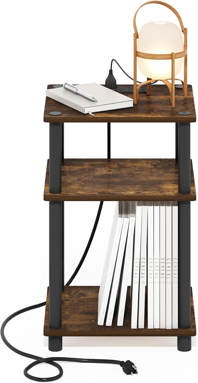 Furinno Turn-N-Tube End Table Corner Shelves, Set of 2, Dark Cherry/Black | Stackable Modern End Table with Open Shelf, Night Stand, Bedside Table, for Living Room, Bedroom