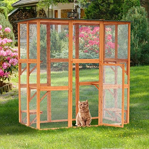 PawHut Outdoor Cat House Big Catio w/Large Spacious Interior 71" L Orange | Wooden Feral Cat Shelter Enclosure, 6 High Ledges