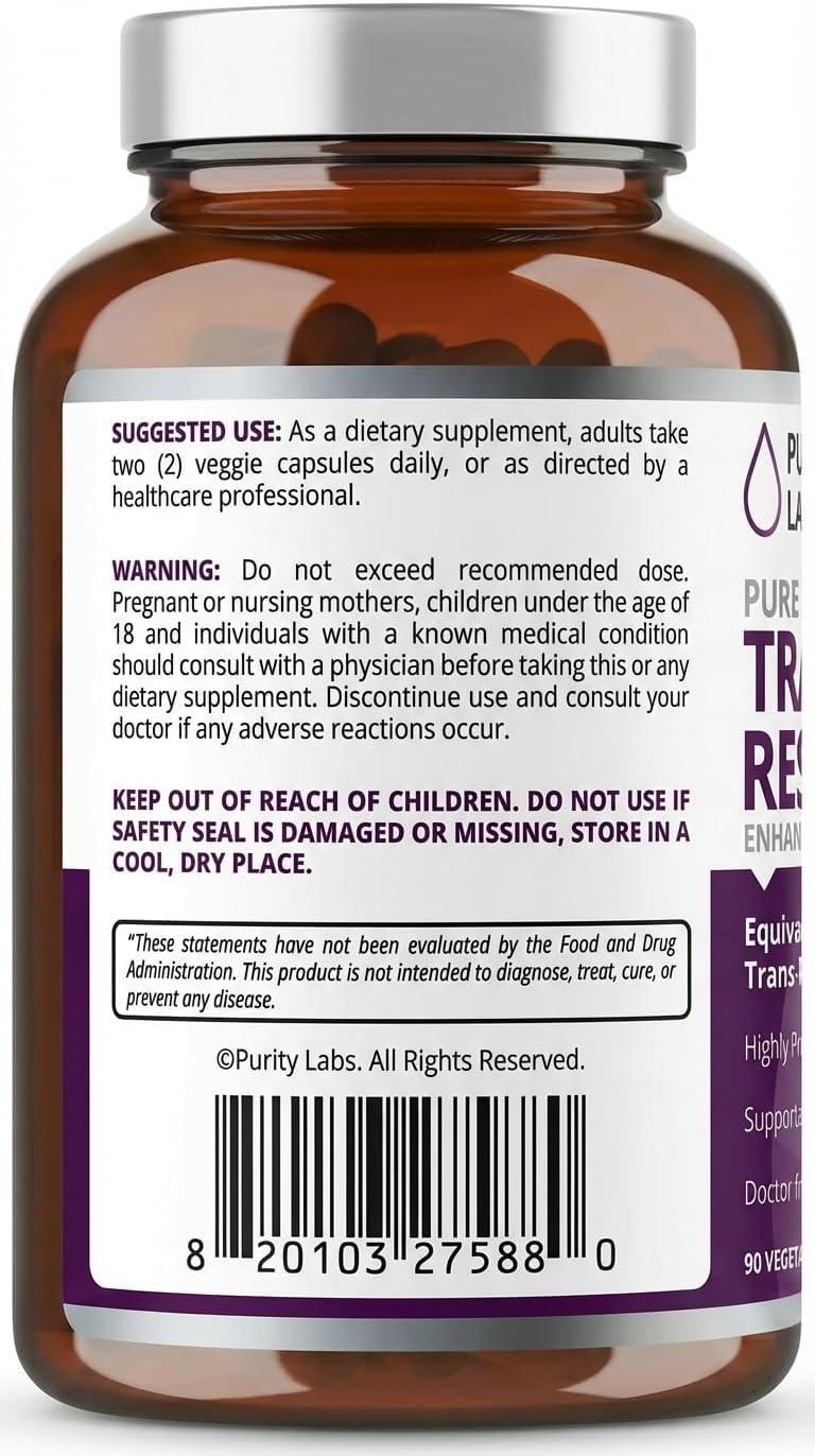 Purity Labs Trans-Resveratrol Supplement 5, 000 mg Equivalent per Serving with Quercetin, USDA Organic High Potency Antioxidant, Vegan Capsules