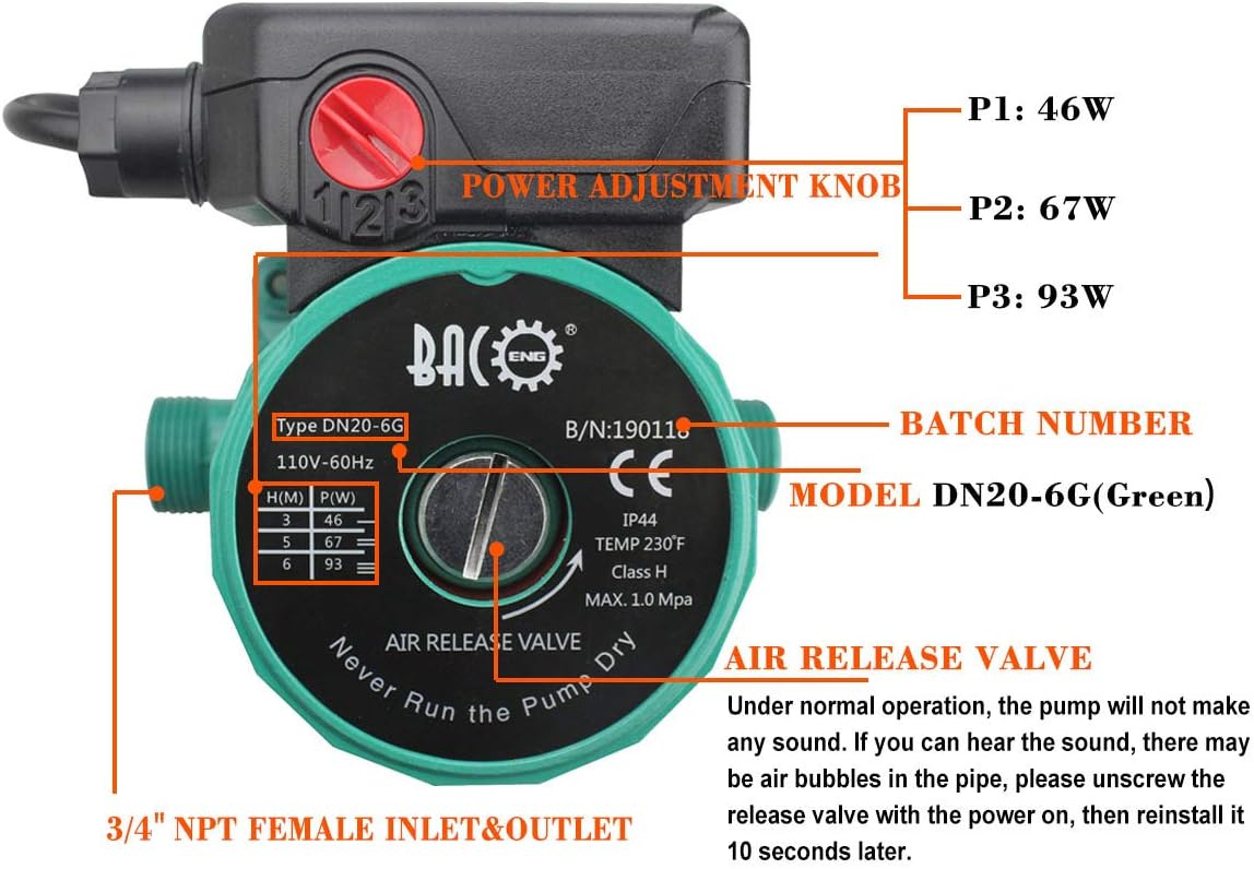 BACOENG Hot Water Recirculating Pump, Stainless Steel Head, Circulation Pump NPT 3/4", 3-Speed Control, Circulating Pump for Water Heater System