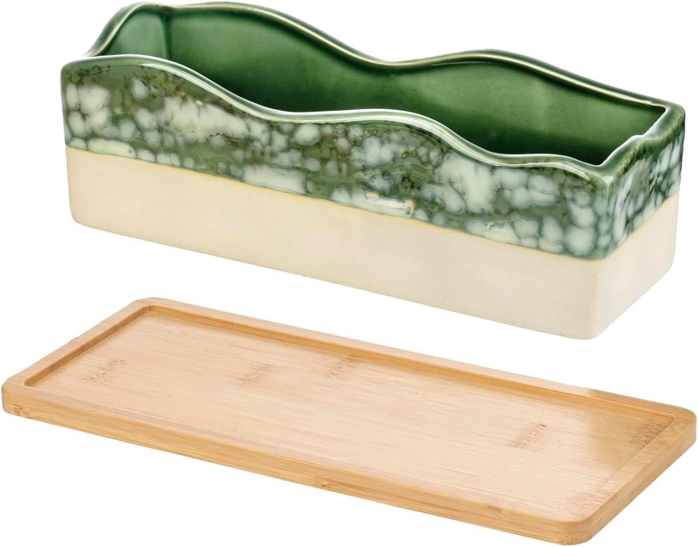 MyGift Beige Green Ceramic Glazed Rectangular Succulent Planter Pot