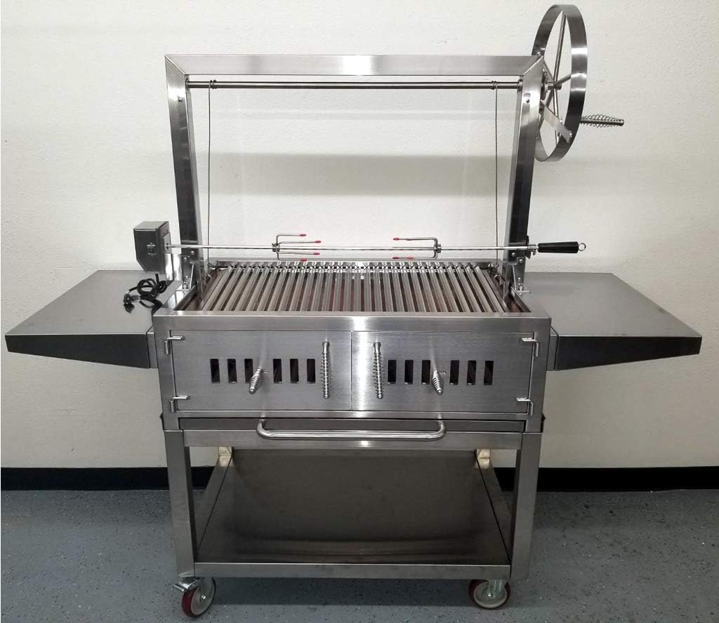 Charcoal Outdoor BBQ, Stainless Steel #430 Body and #304 Grates, Rotisserie Parrilla Santa Maria/Argentine Grill Spit