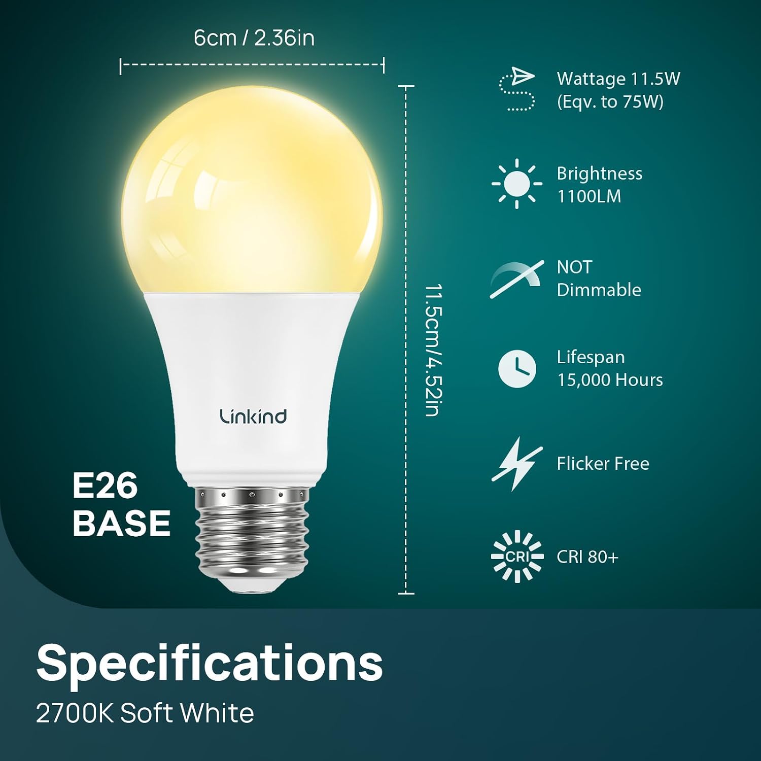 Linkind A19 LED Light Bulbs, 100 Watt Equivalent, 2700K Soft White 6 Packs