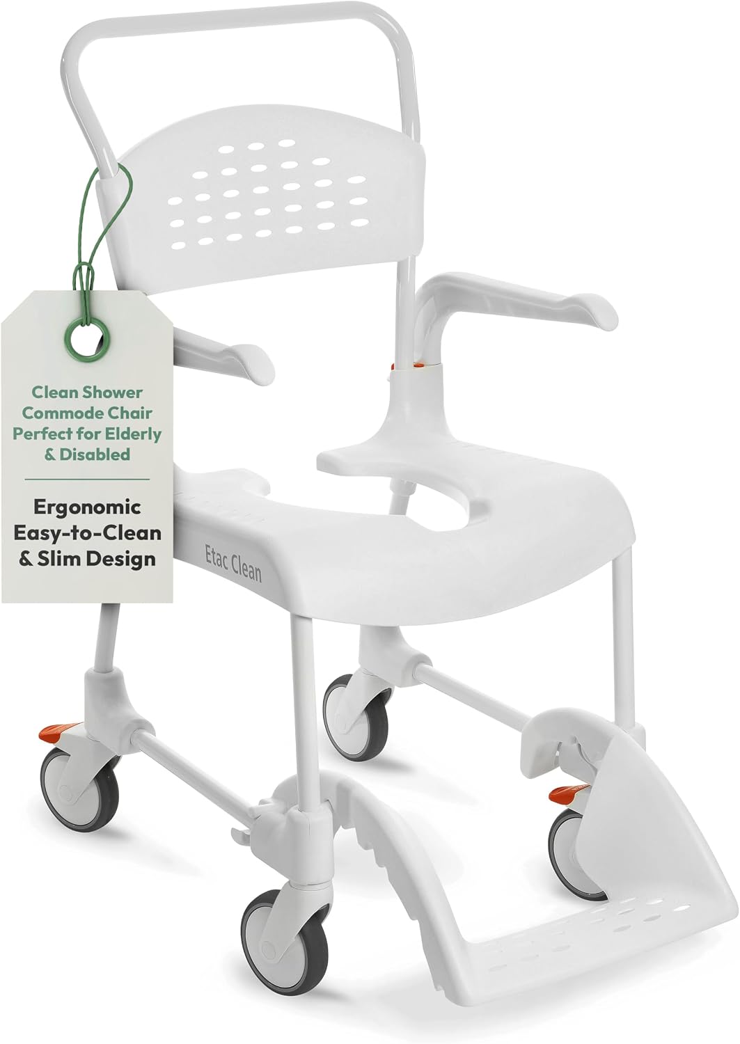 Etac Clean 24" Self-Propelled Shower Chair with Wheels - 21 3/4 Inch Fixed Height with 24 Inch Rear Wheels - Shower Wheelchair for Elderly and Disabled - Movable Armrest & Ergonomic Footrest