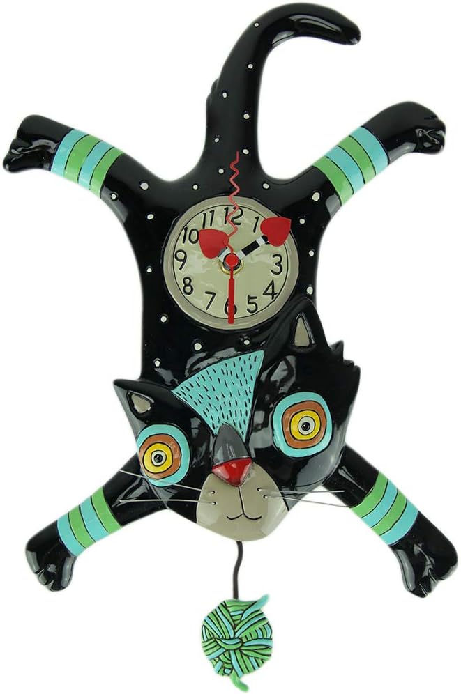 Enesco Allen Designs Craft Attack Cat with Yarn Sculpted Pendulum Wall Clock, 16.25 Inch, Multicolor
