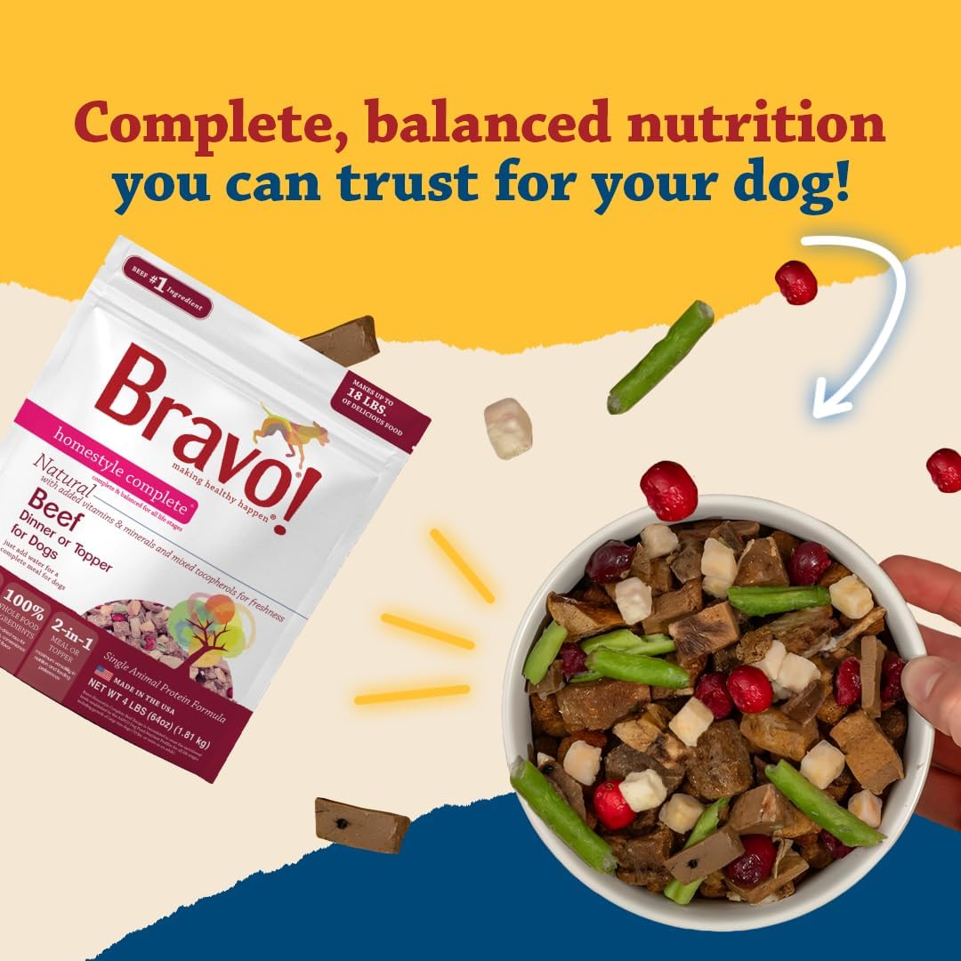 Bravo! Homestyle Complete Freeze Dried Raw Dog Food, Beef, 2 Pounds | Whole Food Ingredients, Rehydrate with Water for Up To 9 Pounds of Food, Use as Meal or Food Topper, Grain Free, Gluten Free