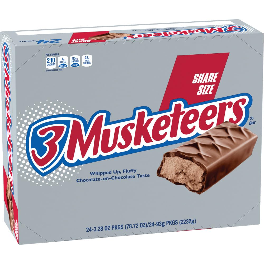 3 MUSKETEERS Milk Chocolate Candy Bars, Full Size, Bulk Candy Box, 36 ct | Light whipped chocolate nougat in full size bars, for sharing, party favors and lunch boxes, gift bag, snack box