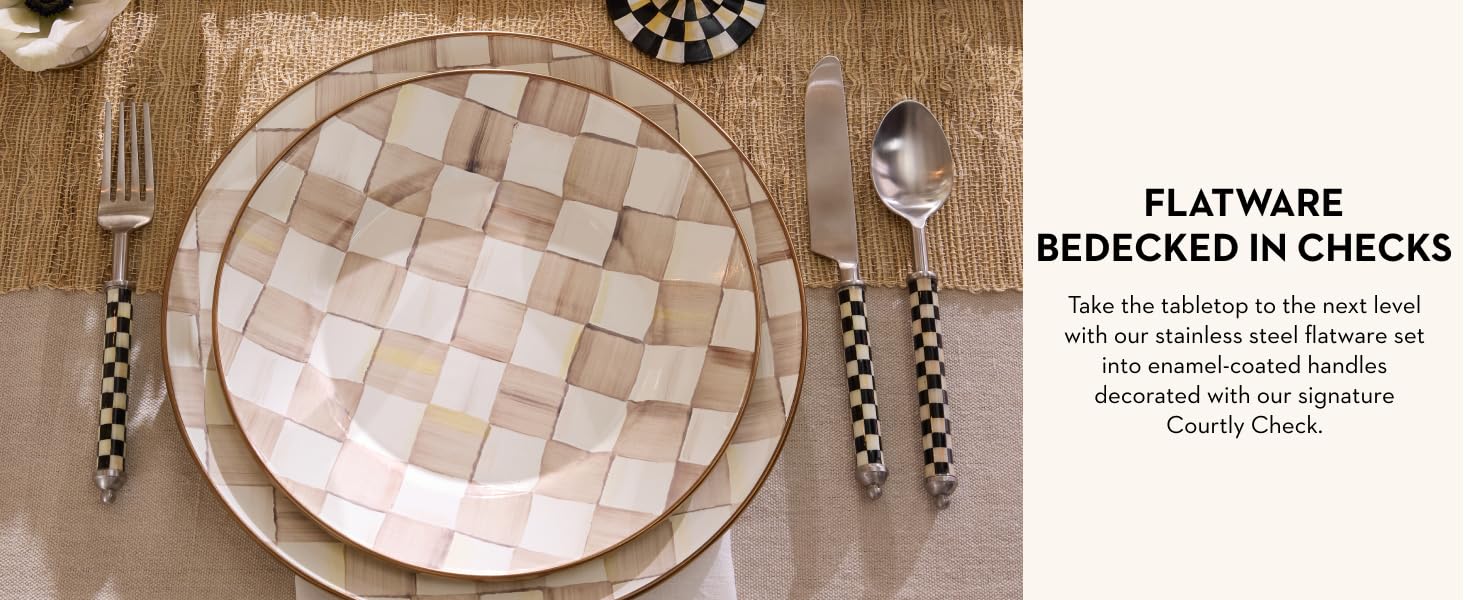Black and white checkered handle flatware with Mocha Check plates.