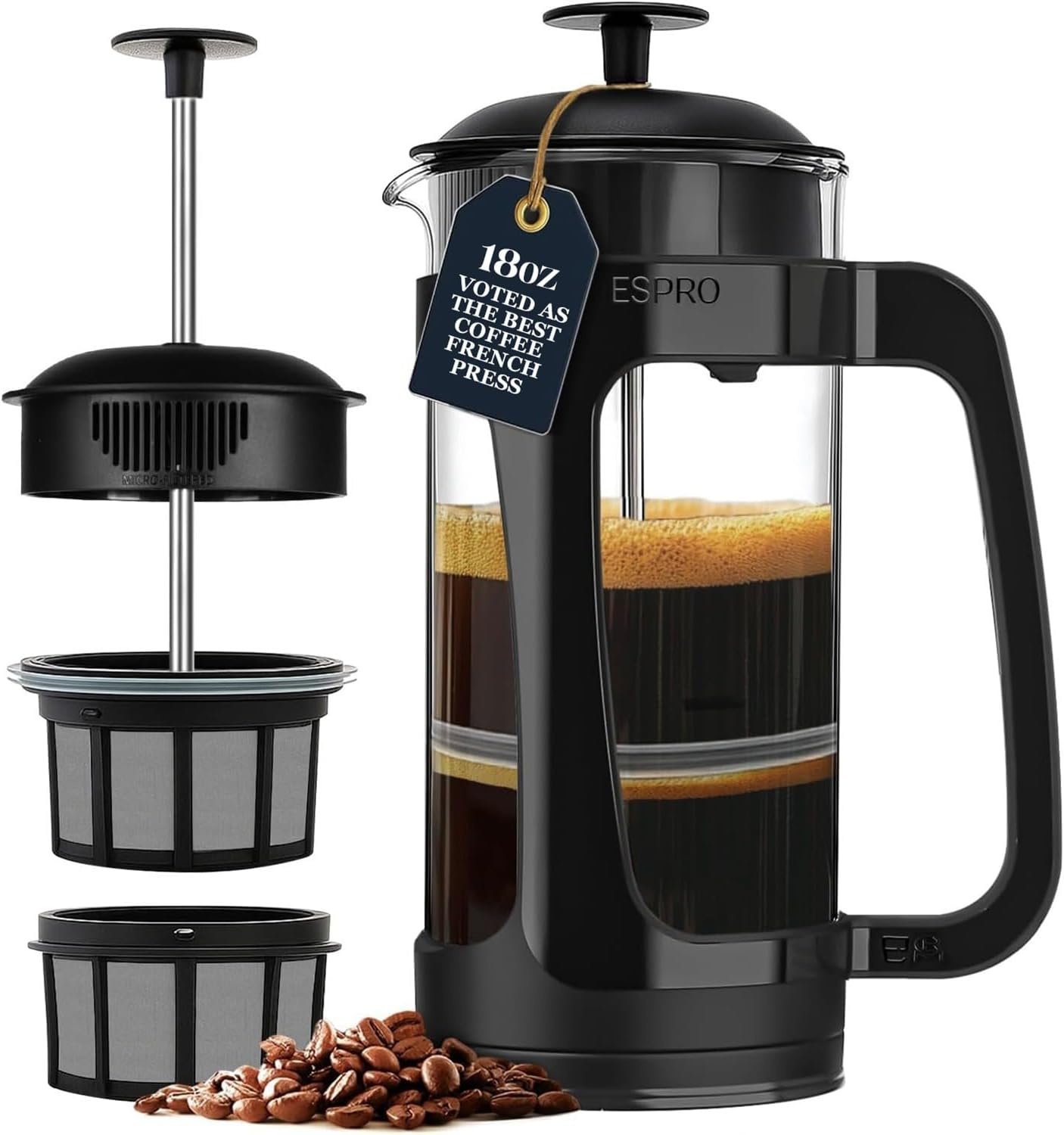 ESPRO P3 French Press Coffee Maker, 32oz, Black, Double Micro Filter Press | Grit-Free Coffee Press, Thicker Borosilicate Heat Resistant Glass french press, Tea Press, Easy Coffee Brewer, Tea Brewer
