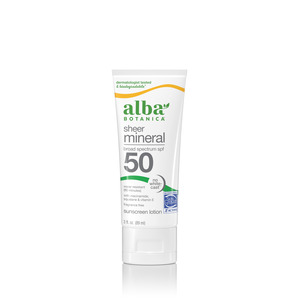 sheer mineral SPF 50 white bottle