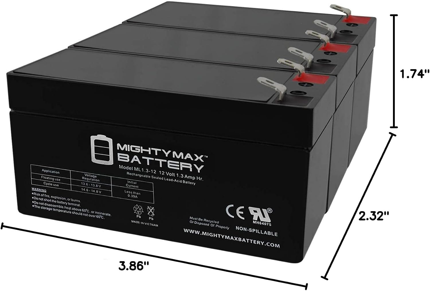 Mighty Max Battery ML1.3-12 - 12 Volt 1.3 AH, F1 Terminal, Rechargeable SLA AGM Battery