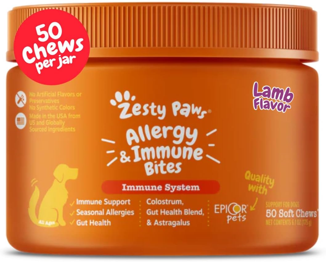 Zesty Paws Allergy Immune Bites - Dog Allergy Chews, Dog Probiotics for Itchy Skin and Ears, Lamb, 90ct