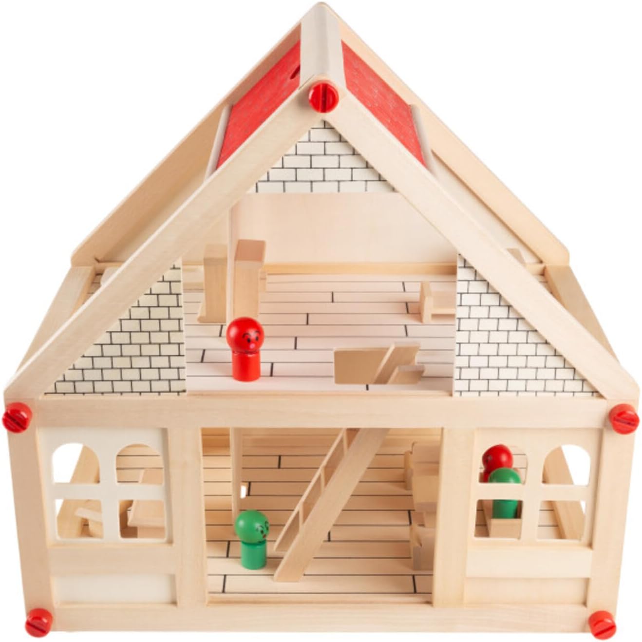 Hey Play Dollhouse for Kids, 15.75” x 11.5” x 15” | Classic Pretend Play 2 Story Wood Playset with Furniture Accessories and Dolls for Toddlers