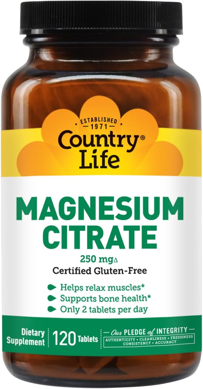 Country Life Magnesium Citrate 250mg - 120 Tablets - Supports Muscle & Nerve Function, Heart Rhythm, Healthy Immune System