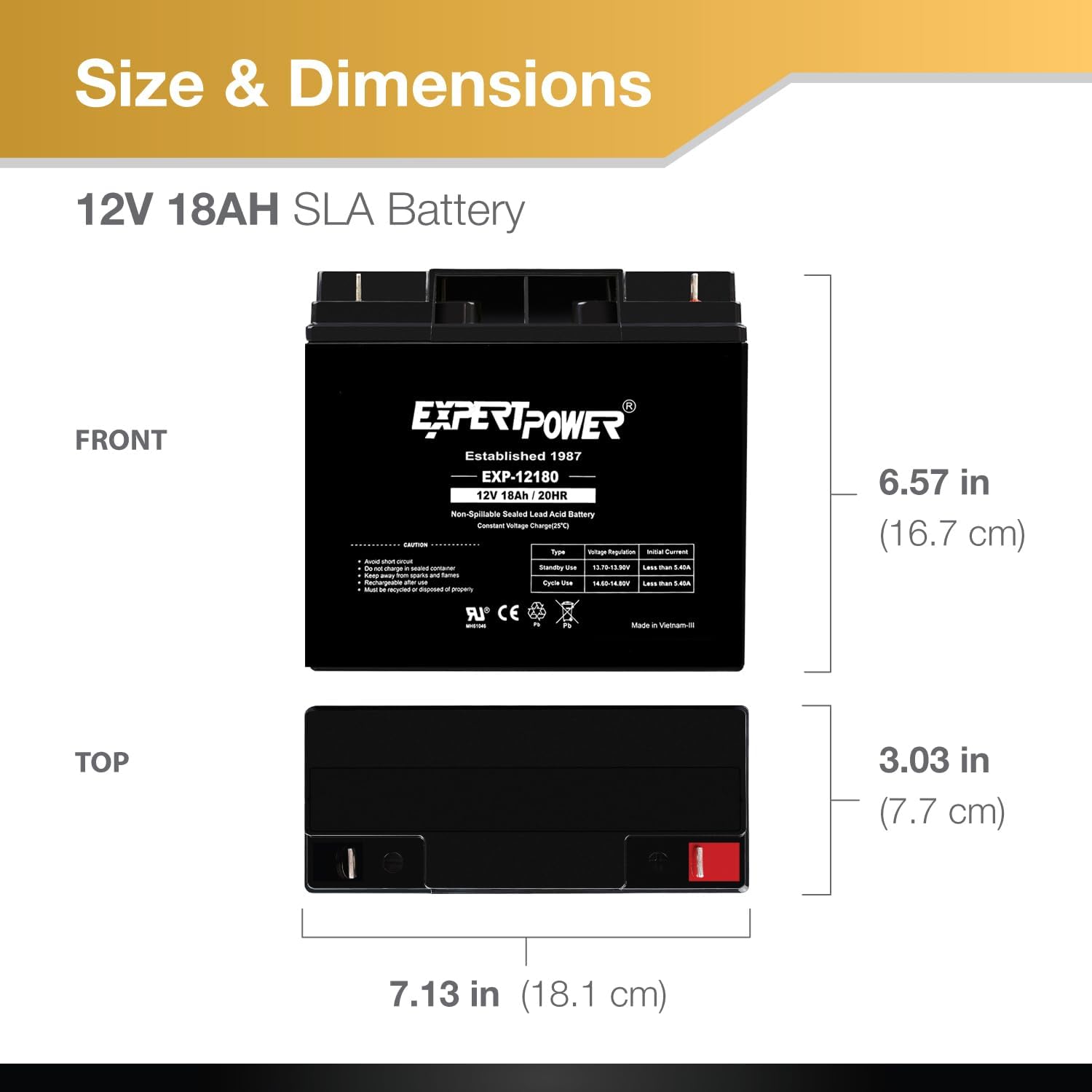 ExpertPower EXP12180-12V 18Ah / 20HR AGM Sealed Lead Acid 12V Battery for UPS Replacement, Rechargeable Small 12 Volt Batteries for Alarm Systems