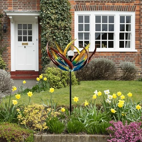 Bits and Pieces Tulip Wind Spinners Outdoor Solar Lighted Metal Wind Spinner, Large Kinetic Garden Sculptures, Crackle Glass Light