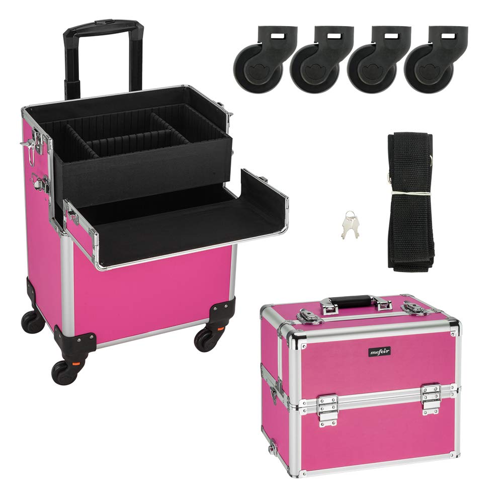 mefeir 3 in 1 Rolling Makeup Train Case, Aluminum Makeup Travel Organizer Cosmetic Case, Cosmetology Display Suitcase on Wheels, Beauty Storage Luggage Lockable w/4 Removable Wheels, Black