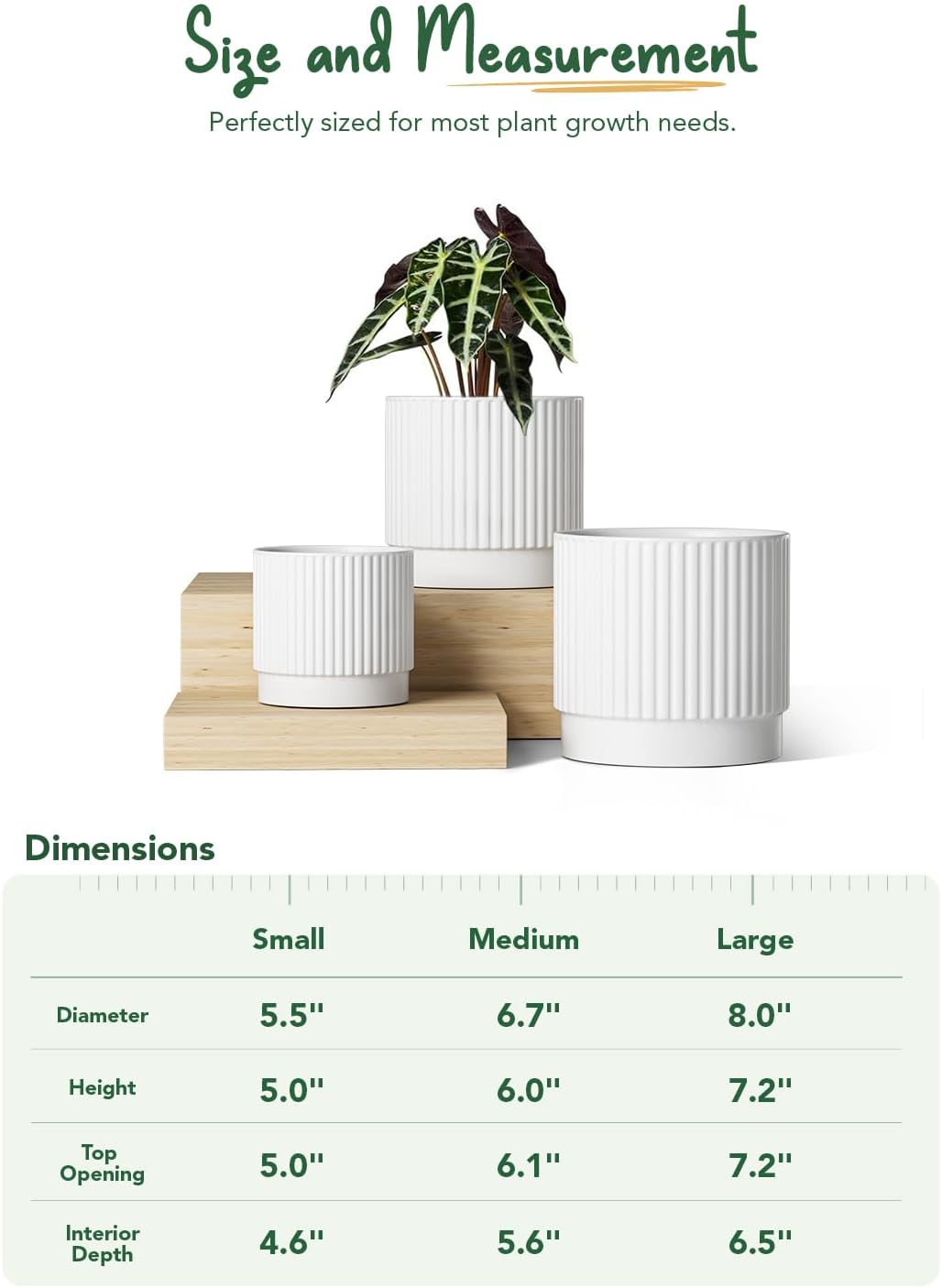LE TAUCI Ceramic Plant Pots with Drainage Holes, Set of 3, 8+6.7+5.5 Inch Stripe Garden Planter Pots for Outdoor Indoor Plants Flower