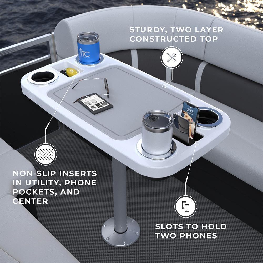 Manufacturers' Select ITC Boat Table Set - 18"x34" Removable Pontoon Boat Table with Center Non-Slip Mat, Pedestal Leg, 4 Drink Holders