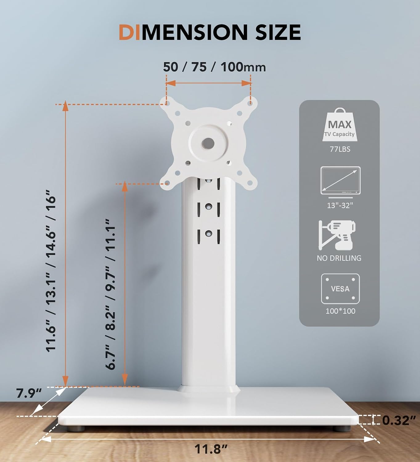 Single LCD Computer Monitor Free-Standing Desk Stand Mount Riser for 13 inch to 32 inch screen with Swivel, Height Adjustable, Rotation, Vesa Base Stand Holds One (1) Screen up to 77Lbs(HT05B-001))