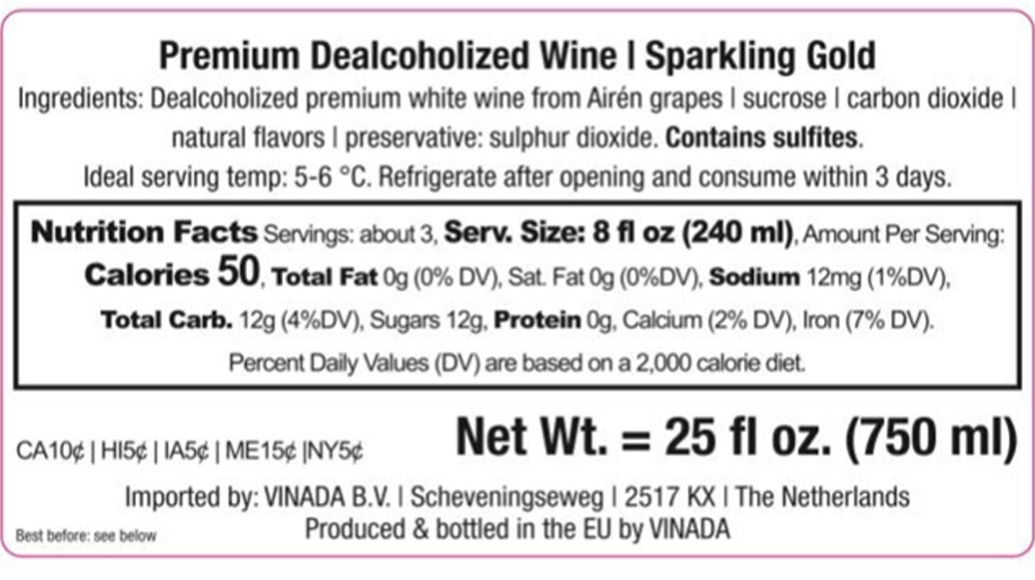 VINADA - Sparkling Gold - Zero Alcohol Wine - 750 ml (8 Glass Bottles)