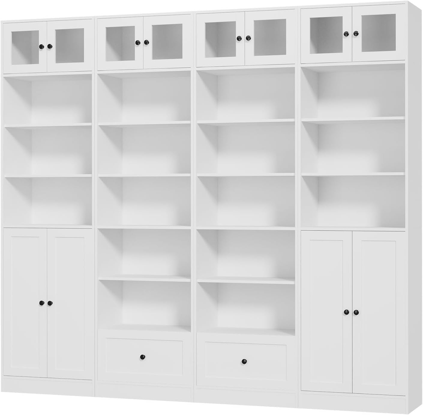 TUSY 85.5 Inch Tall Bookshelf with Doors - 7 Tier Bookcase with Glass Doors and Drawer, 23.6" Wide Storage Cabinet with Open Shelves for Living Room, White Book Shelf for Home Office, Study (AAAA)