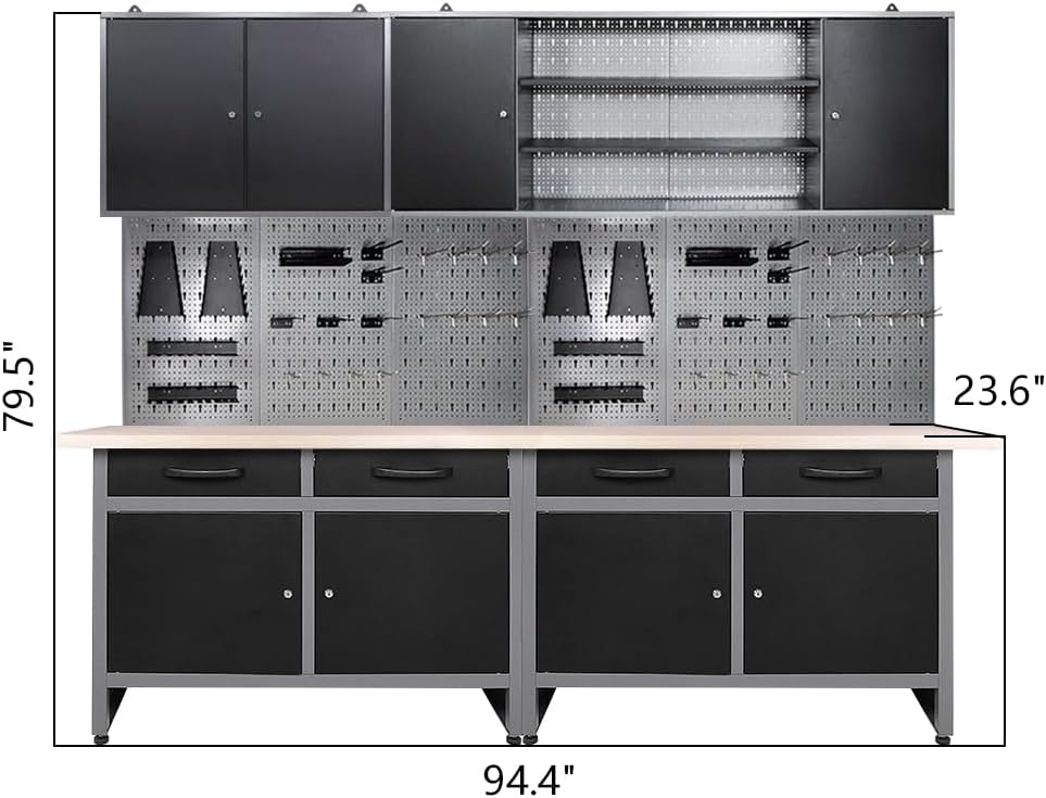Storage Workbench System Set with Lockable Cabinet, Includes Metal Wall Cabinets Pegboards & Hooks, Wood Worktop for Garage Office Repair Shop