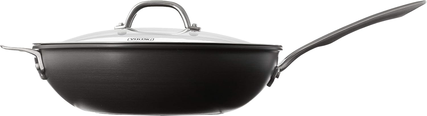 Viking Non Stick Chef Pan, 12 Inch Hard Anodized Nonstick Saute and Frying Pan with Glass Lid, Dishwasher and Oven Safe, Induction Ready, Matte Black