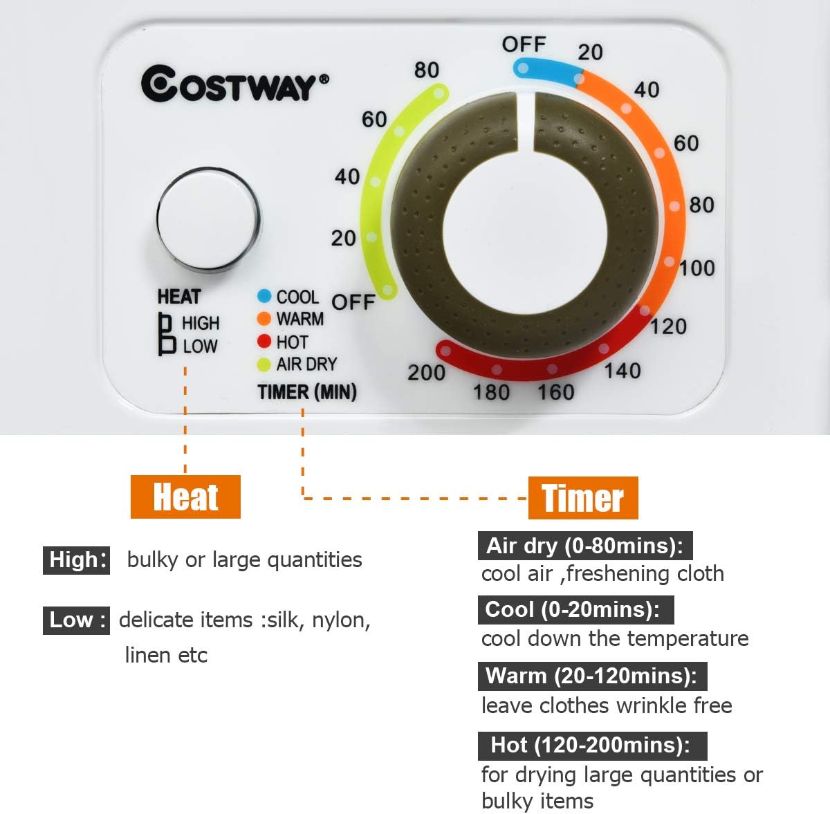 COSTWAY Compact Laundry Dryer, 110V Electric Portable Clothes Dryer with Stainless Steel Tub