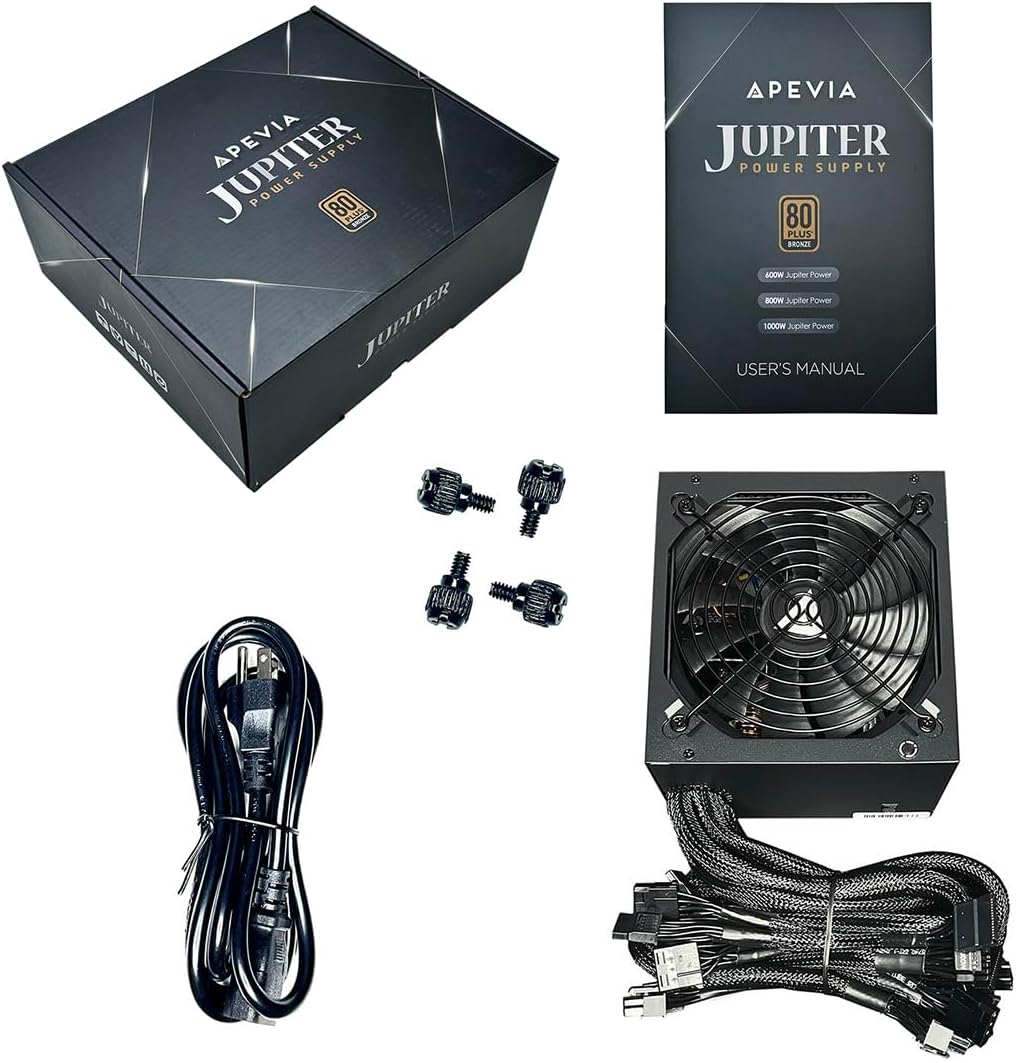 Apevia ATX-JP800W Jupiter 800W 80 Plus Bronze Certified Active PFC ATX Gaming Power Supply, Supports Dual/Quad Core CPUs, SLI/Crossfire/Haswell, 3 Year Warranty | 80+ Bronze PSU, Auto Thermal Controlled 135mm Fan, Heavy Duty Protections, Active PFC, Low…