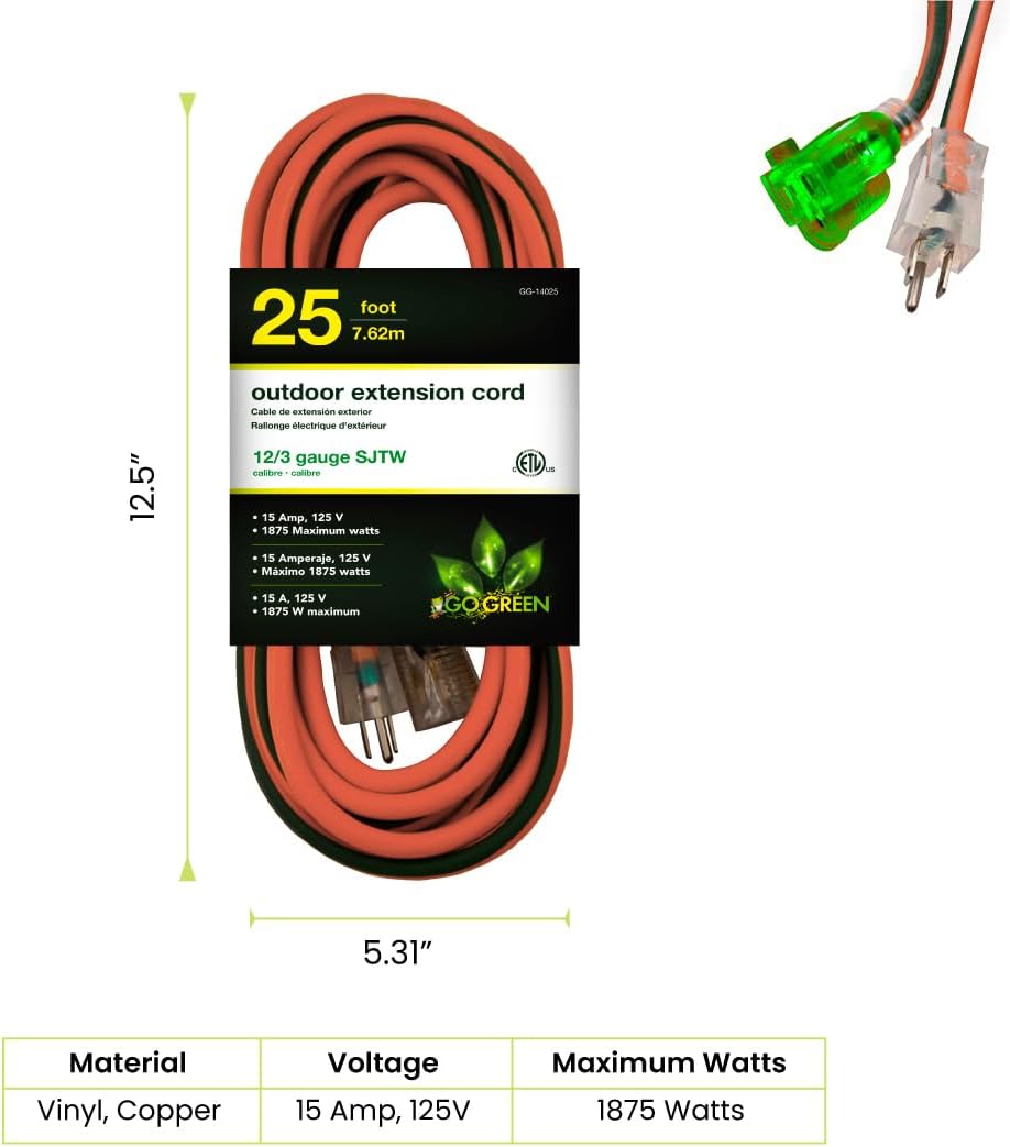 Go Green Power Inc. (GG-14025) 12/3 SJTW Outdoor Extension Cord, Lighted End, 25 ft