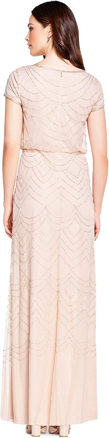 Adrianna Papell Womens Short Sleeve Blouson Beaded Gown