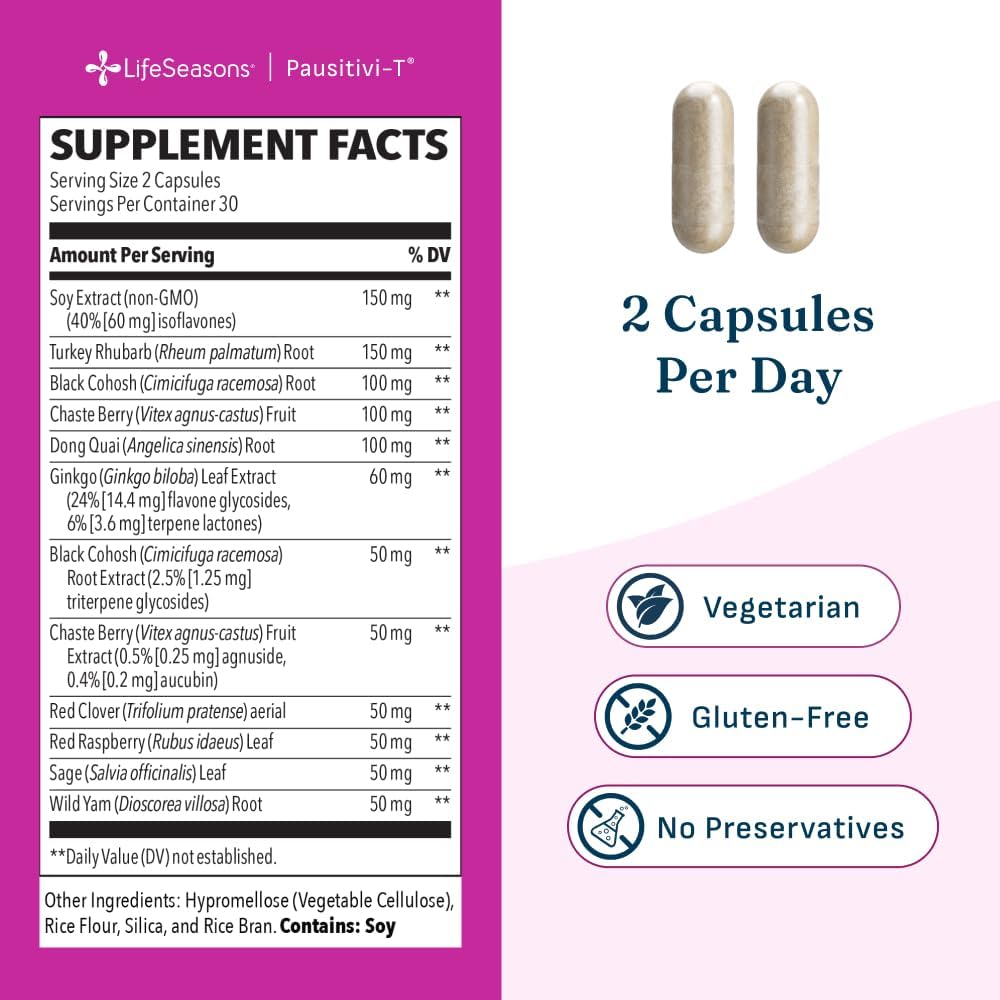 Pausitivi-T - Menopause Support Supplement - Powerful Relief for Hot Flashes, Hormone Imbalance & Night Sweats - Nourishes Tissue - Sage, Chasteberry, Soy Isoflavones & Black Cohosh - 60 Capsules