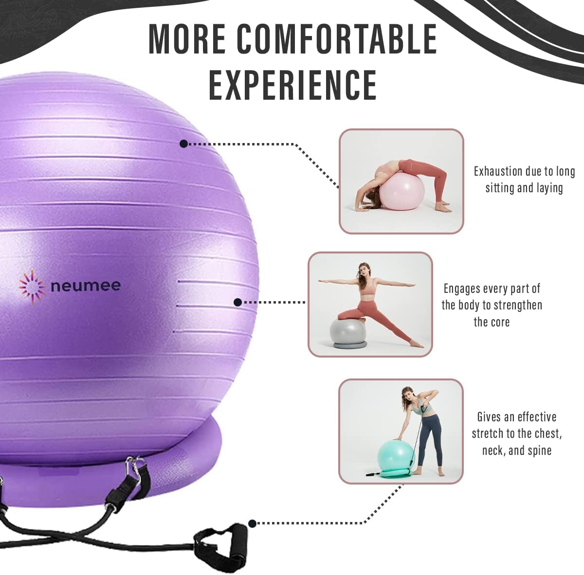 Yoga Ball Chair with 65cm Exercise Ball & 2 Resistance Bands, Stability Base for Home Office, Yoga, Pilates & Fitness, Balance Ball for Posture